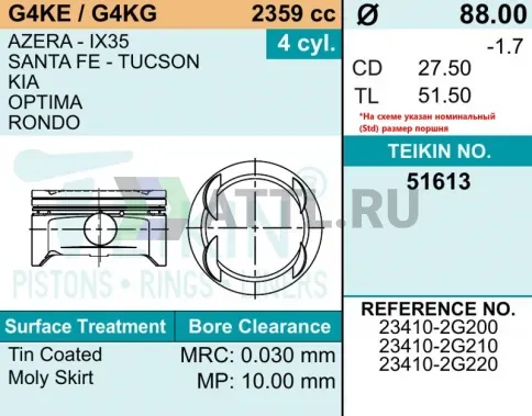 Комплект поршней G4KE/G4KG d88+0.50 1,2-1,2-2 фото 2