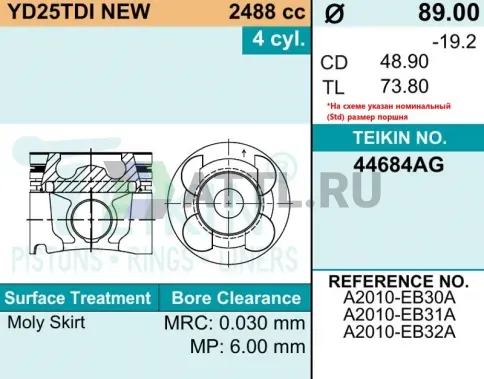 Комплект поршней YD25TDI усиленный+охлаждение d89+0.50 2HK-2-3 фото 2