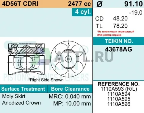 Комплект поршней 4D56T CRDI d91,1+1.00 2,5HK-2HK-4 фото 2