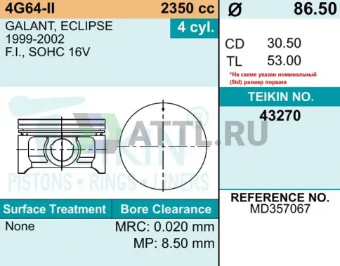 Комплект поршней 4G64-II d86,5 STD 1,2-1,5-2,8 фото 2