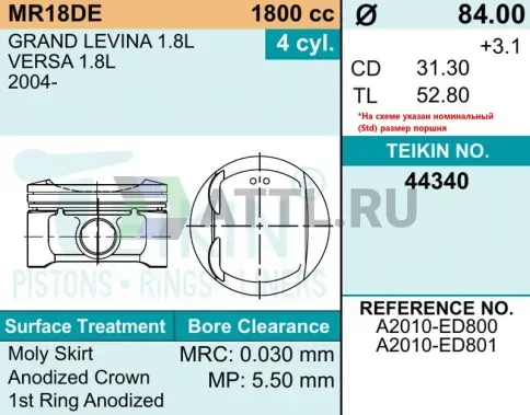 Комплект поршней MR18DE d84 STD 1,2-1,2-2 фото 2