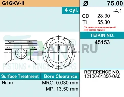 Комплект поршней G16KV-II d75+0.50 1,2-1,2-2,5 фото 2