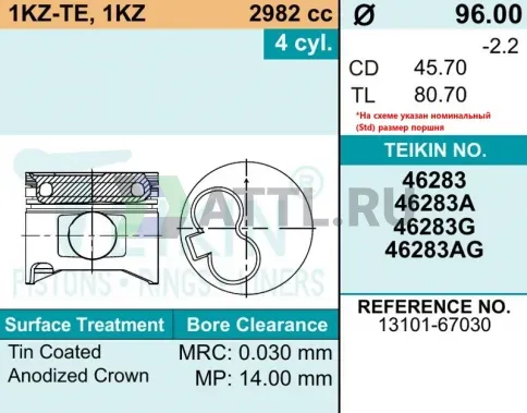 Комплект поршней 1KZ-TE, 1KZ d96+1.00 2HK-2-3 фото 2