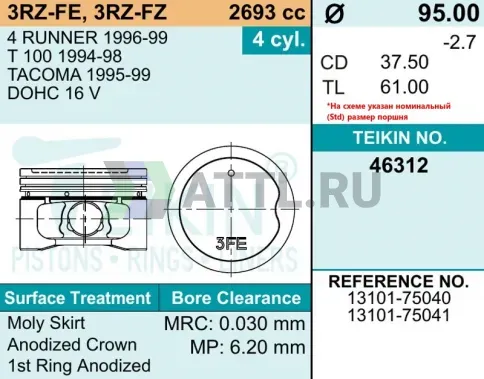 Комплект поршней 3RZ-FE, 3RZ-FZ d95+0.50 1,5-1,5-4 фото 2