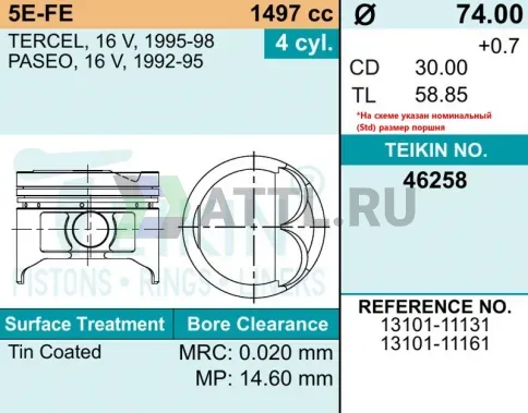 Комплект поршней 5E-FE d74 STD 1,2-1,2-3 фото 2