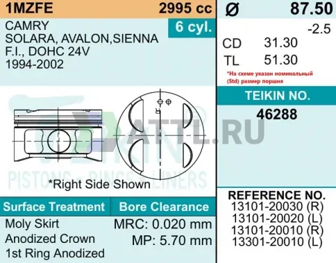 Комплект поршней 1MZ-FE d87,5+0.25 1,2-1,2-3 фото 2
