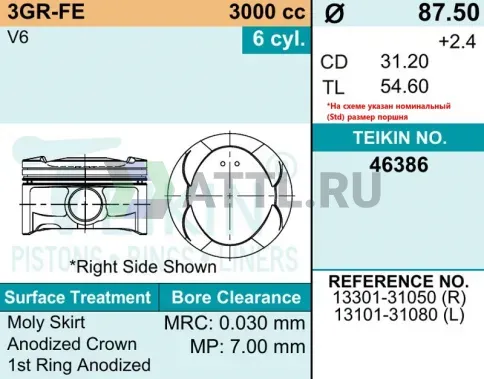 Комплект поршней 3GR-FE d87,5 STD 1,2-1,2-2 фото 2