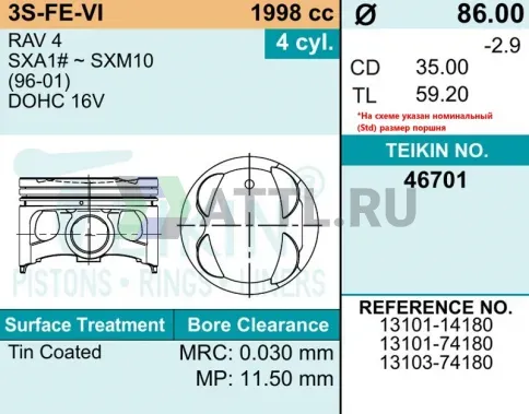 Комплект поршней 3S-FE-VI d86+0.50 1,2-1,2-3 фото 2