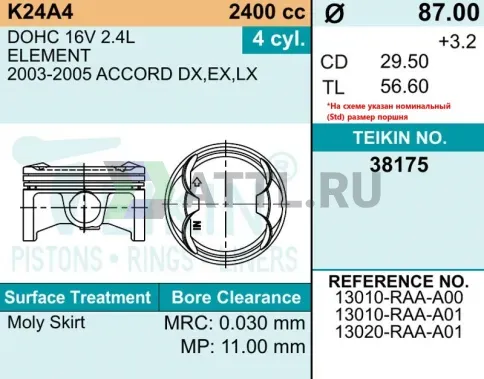 Комплект поршней K24A4 d87 STD 1,2-1,2-2 фото 2