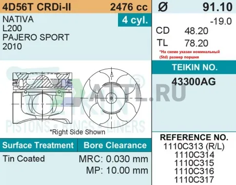 Комплект поршней 4D56 CRDI-II усиленный+охлаждение d91,1 STD 2,5HK-2HK-3 фото 2