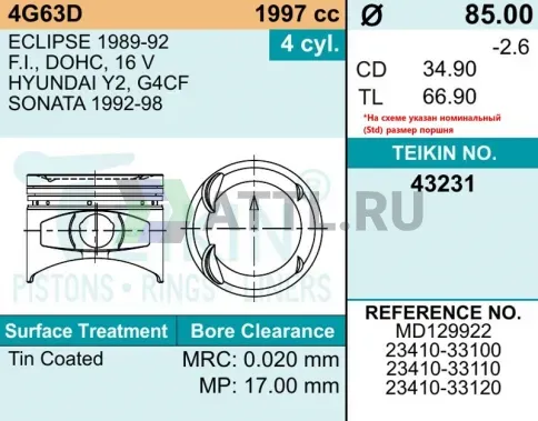 Комплект поршней 4G63D d85+0.50 1,2-1,5-3 фото 2