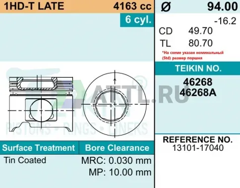 Комплект поршней 1HD-T усиленный d94 STD 2HK-2-4 фото 2