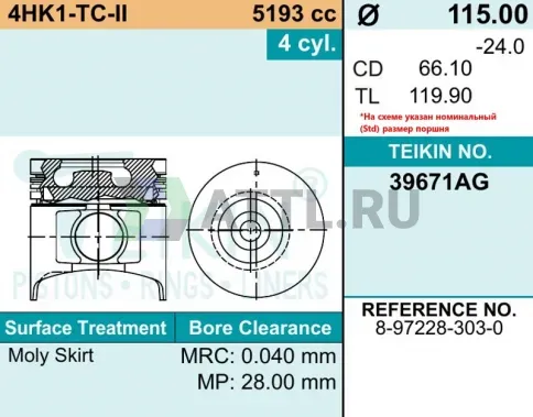 Комплект поршней 4HK1-TC-II усиленный+охлаждение d115 STD 3HK-2,5-4 фото 2