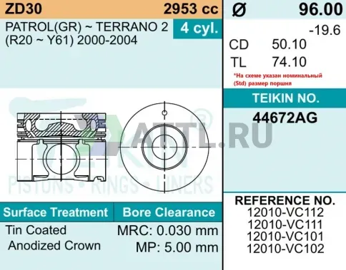 Комплект поршней ZD30 усиленный+охлаждение d96+0.50 2,5HK-2-3 фото 2