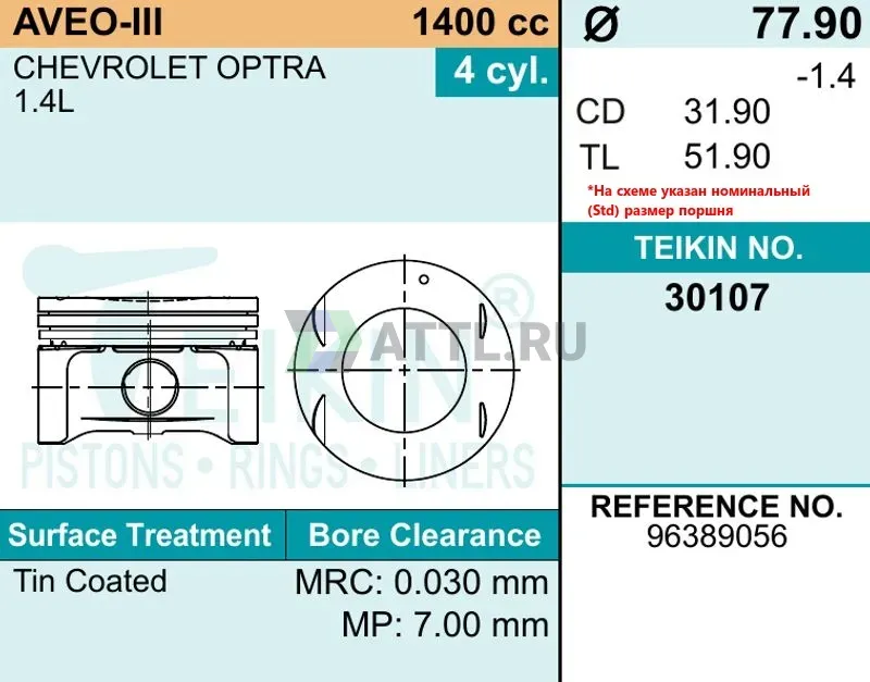 Комплект поршней AVEO-III фото 2