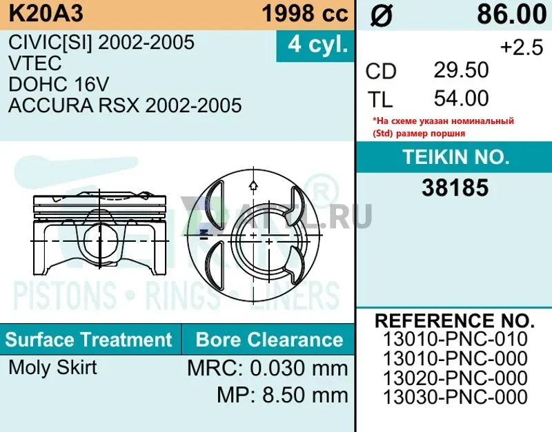 Комплект поршней K20A3 фото 2