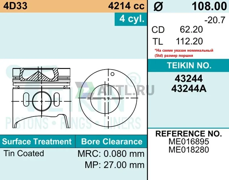 Комплект поршней 4D33 фото 2