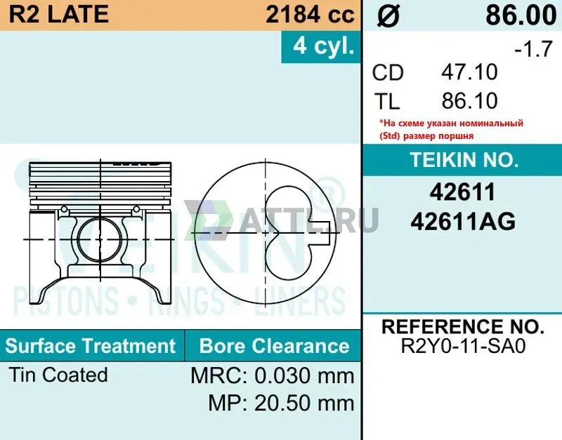 Комплект поршней R2 LATE d86 STD 2-2-3 фото 2