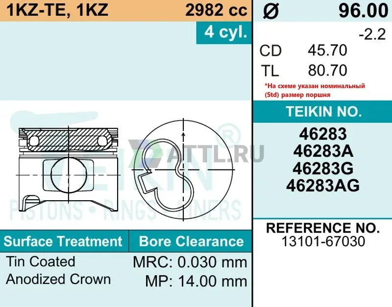 Комплект поршней 1KZ-TE, 1KZ усиленный+охлаждение d96+0.50 2HK-2-3 фото 2