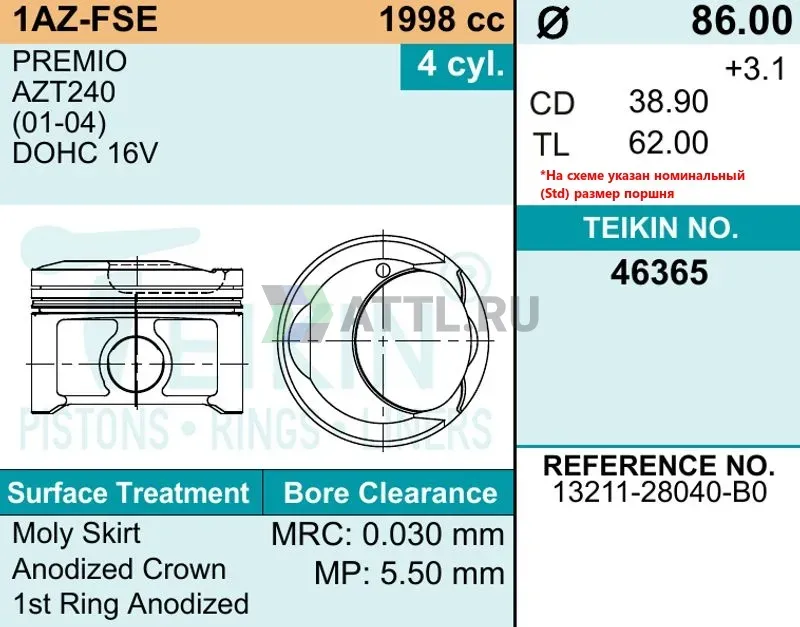 Комплект поршней 1AZ-FSE фото 2