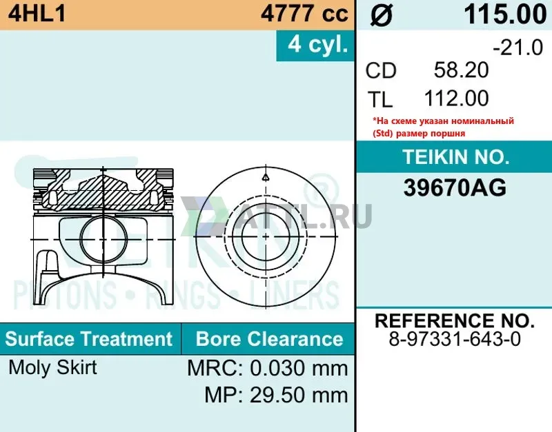 Комплект поршней 4HL1 фото 2