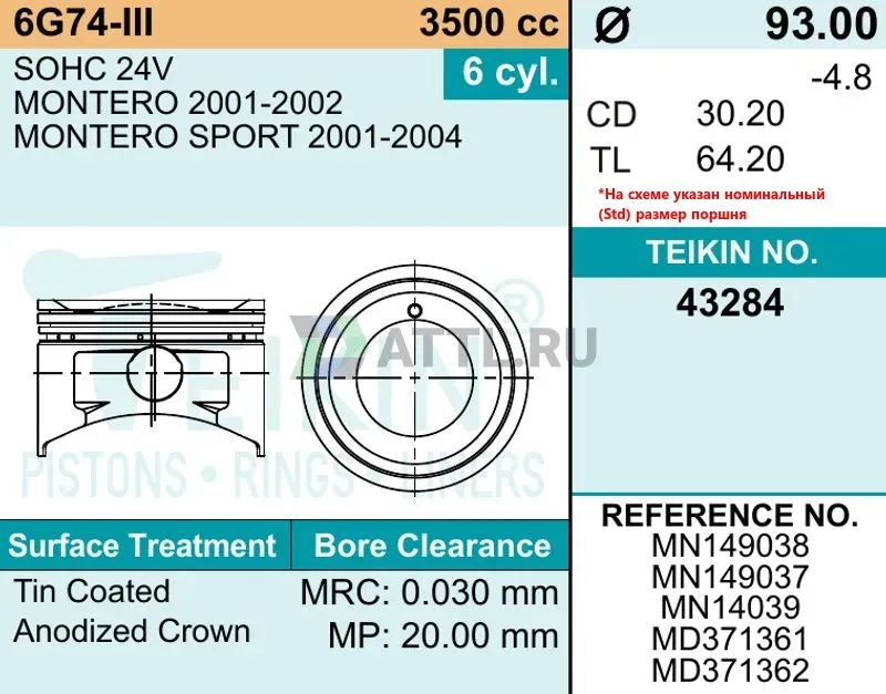Комплект поршней 6G74-III фото 2