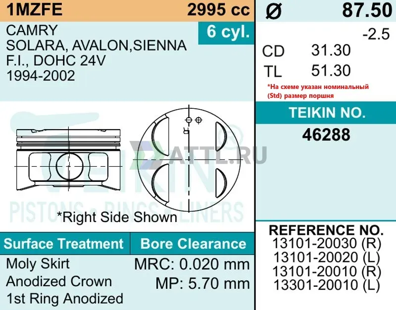 Комплект поршней 1MZ-FE фото 2