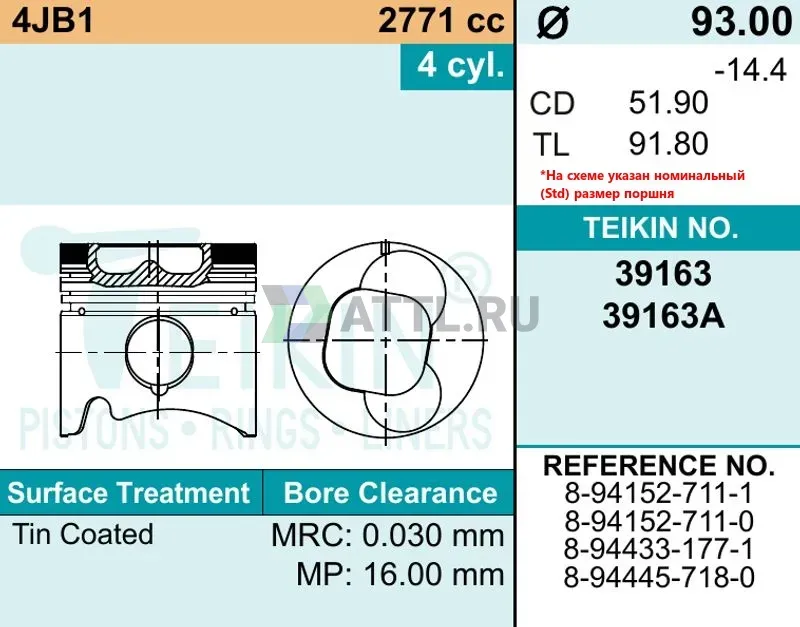 Комплект поршней 4JB1 фото 2