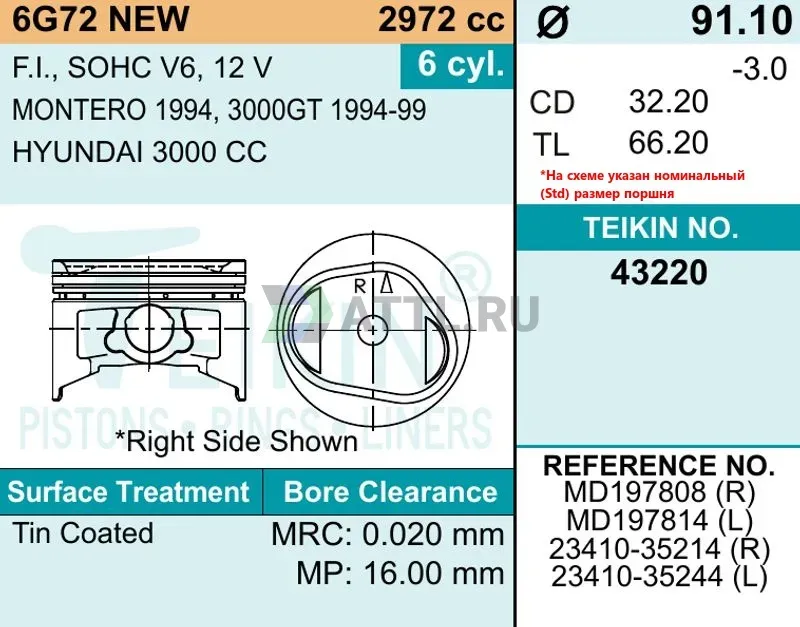 Комплект поршней 6G72 (R/L) фото 2