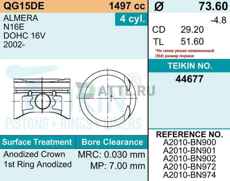 Комплект поршней QG15DE фото 2