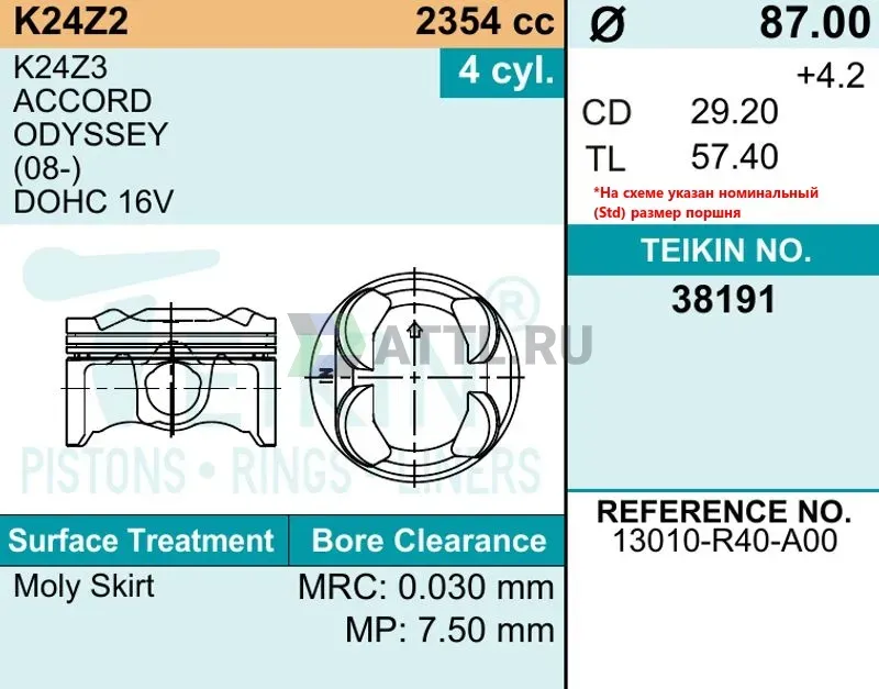 Комплект поршней K24Z2 фото 2