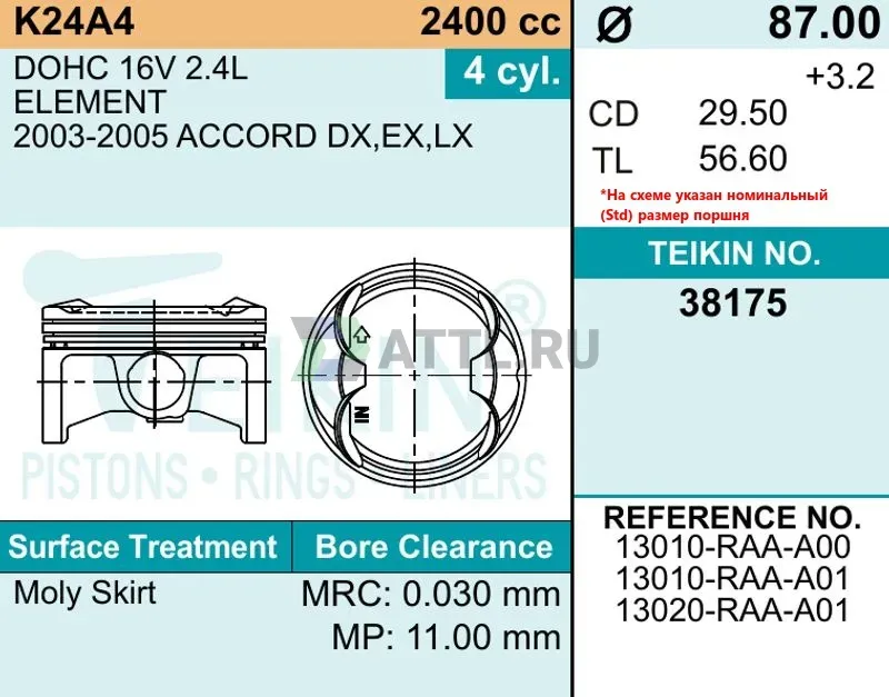 Комплект поршней K24A4 фото 2