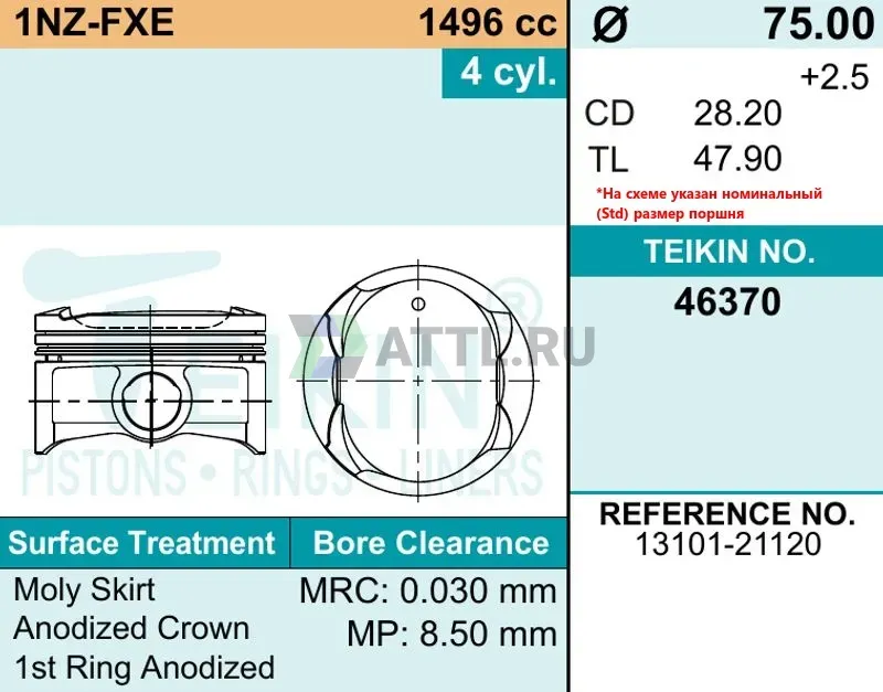 Комплект поршней 1NZ-FXE d75+0.50 1-1,2-2 фото 2