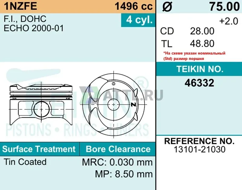 Комплект поршней 1NZ-FE d75 STD 1,2-1,2-2 фото 2