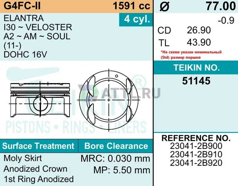 Комплект поршней G4FC-II фото 2