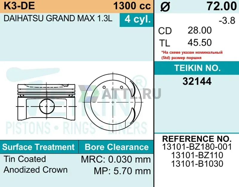 Комплект поршней K3-DE d72+0.50 1,2-1,2-2 фото 2