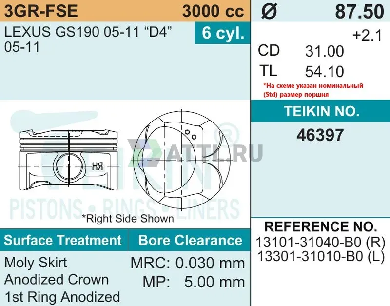 Комплект поршней 3GR-FSE d87,5 STD 1,2-1,2-2 фото 2