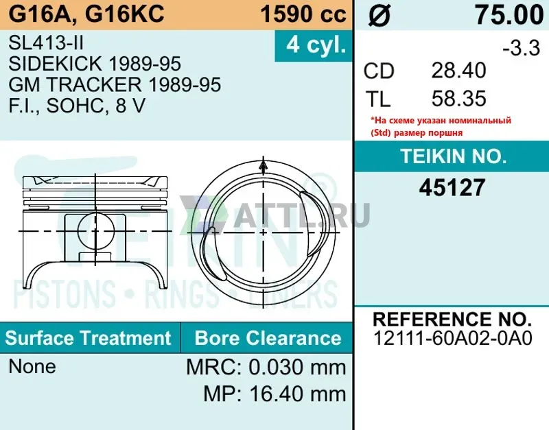 Комплект поршней SL413-II/G16A фото 2