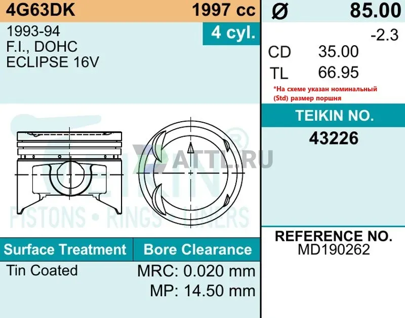 Комплект поршней 4G63DK d85 STD 1,2-1,5-3 фото 2