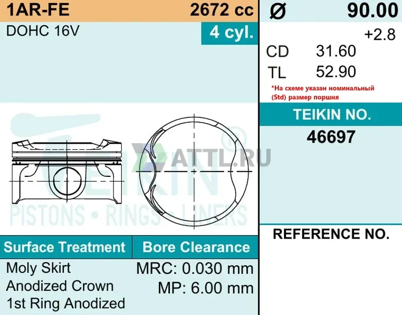 Комплект поршней 1AR-FE d90+0.50 1-1-2 фото 2