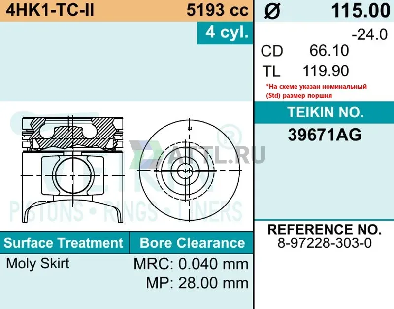 Комплект поршней 4HK1-TC-II фото 2