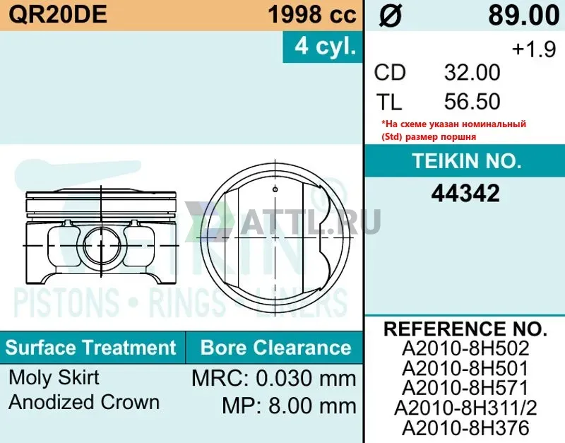 Комплект поршней QR20DE фото 2