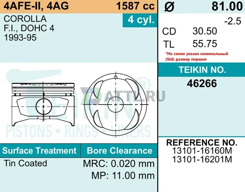 Комплект поршней 4A-FE-II, 4AG фото 2